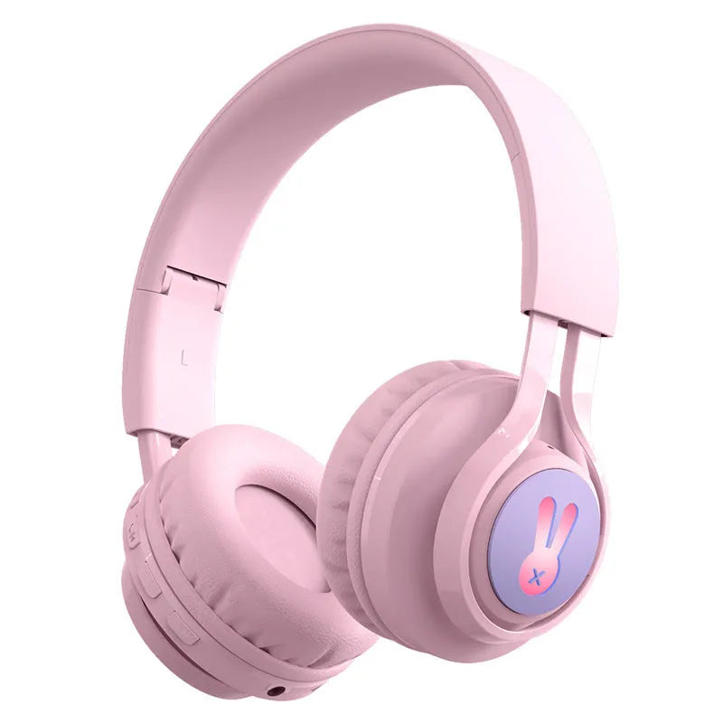 Children's wireless headphones with RGB lights and bunny design in pink and purple colours