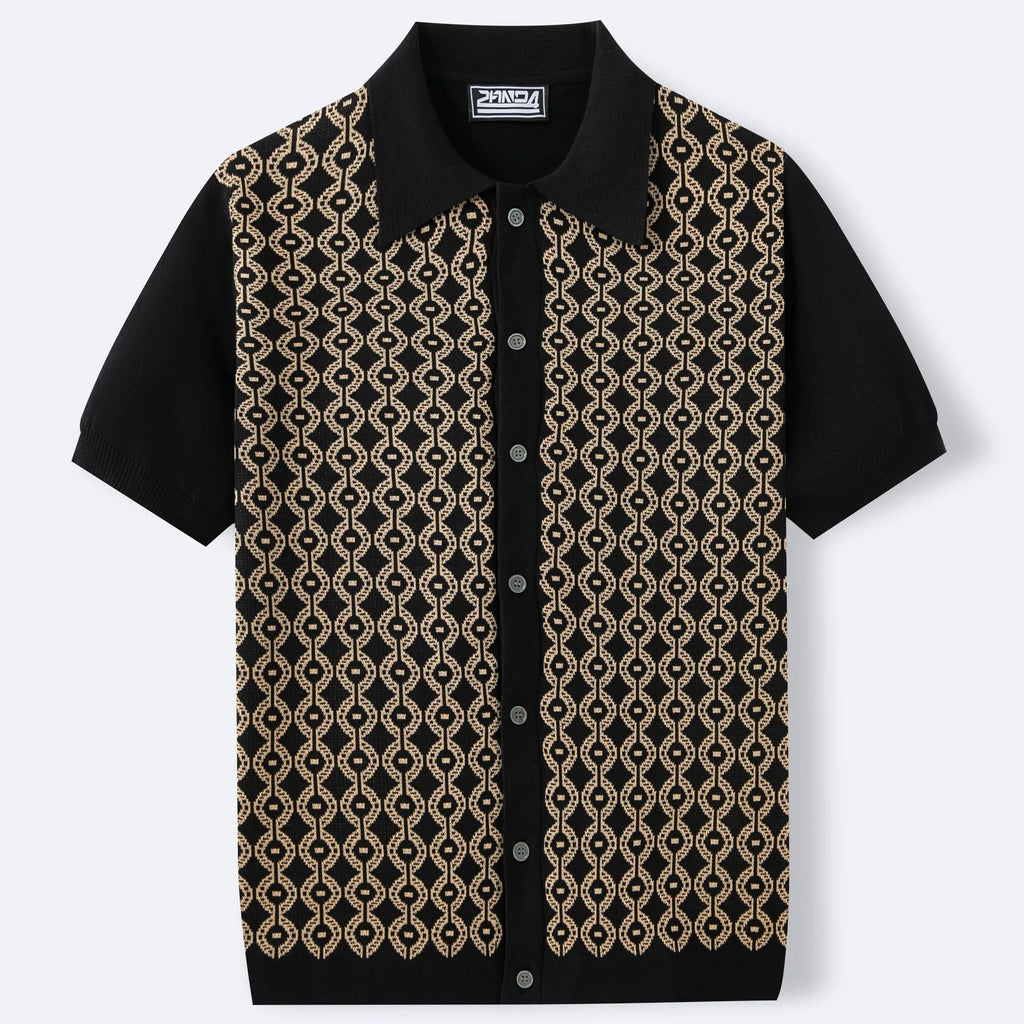 Men's summer Tencel short-sleeved lapel jacquard cardigan in black with geometric pattern