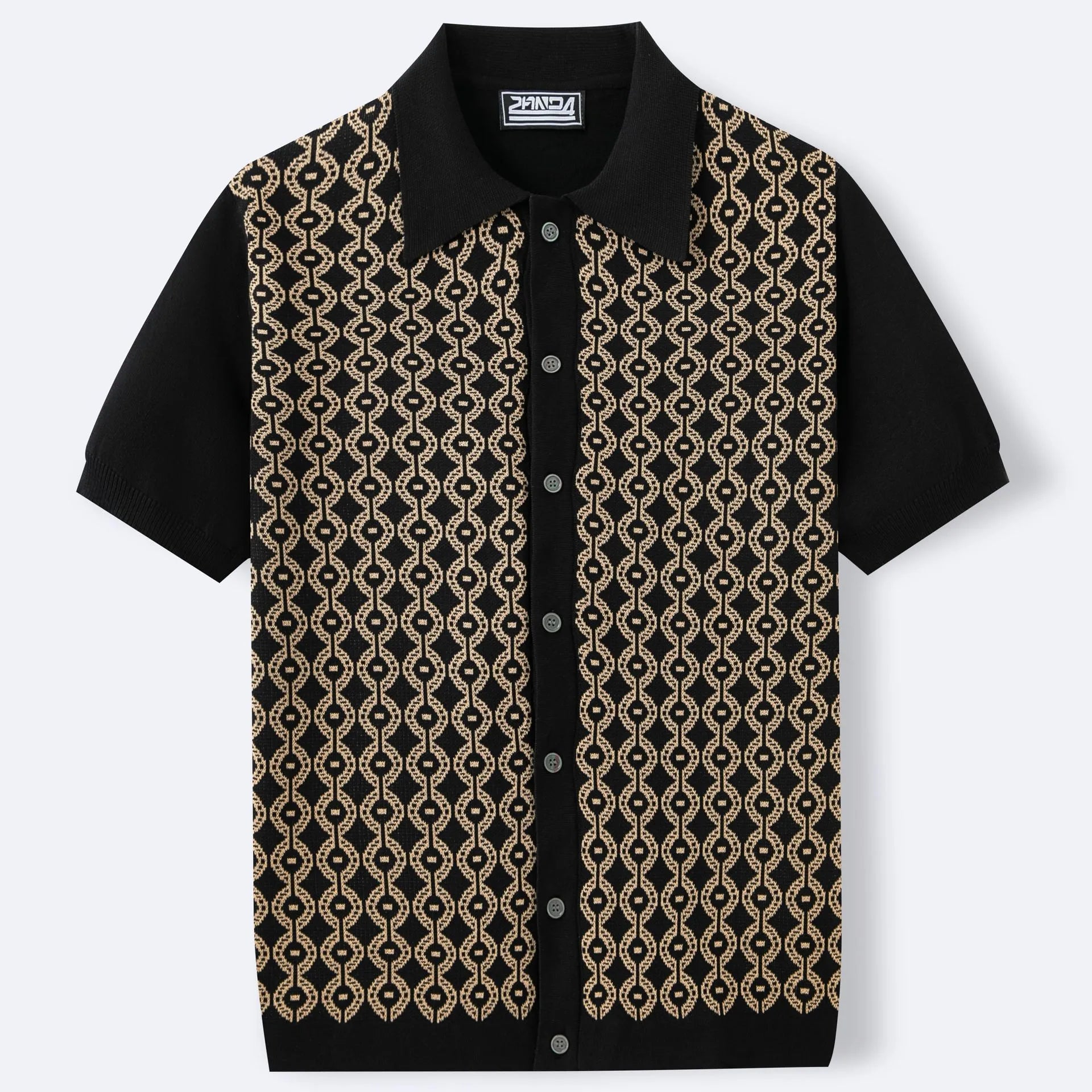 Men's summer Tencel short-sleeved lapel jacquard cardigan in black with geometric pattern
