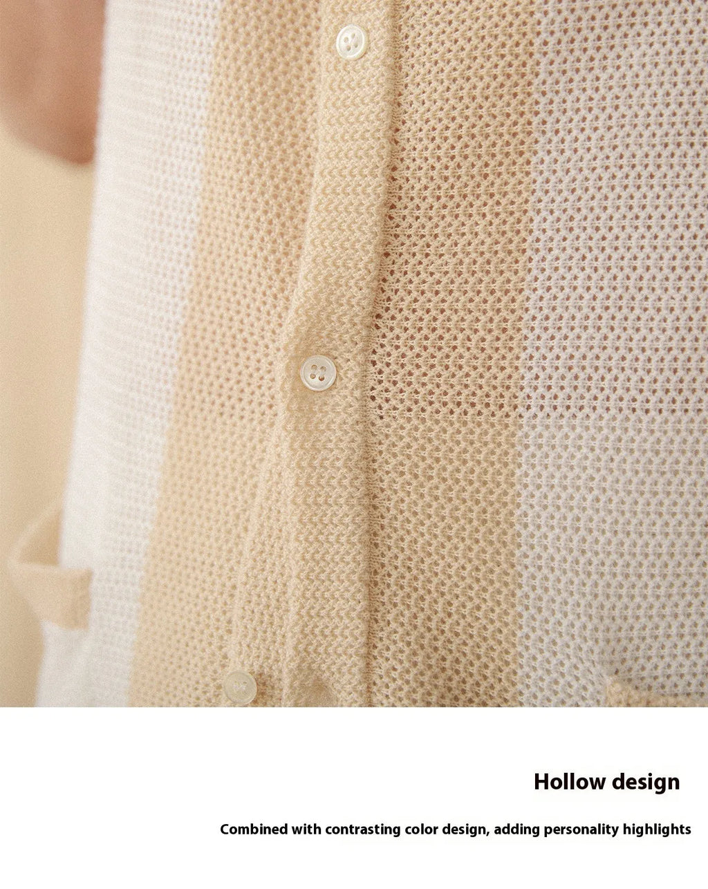 Beige women's short-sleeved lapel cardigan made from a thin cotton and linen knit fabric.