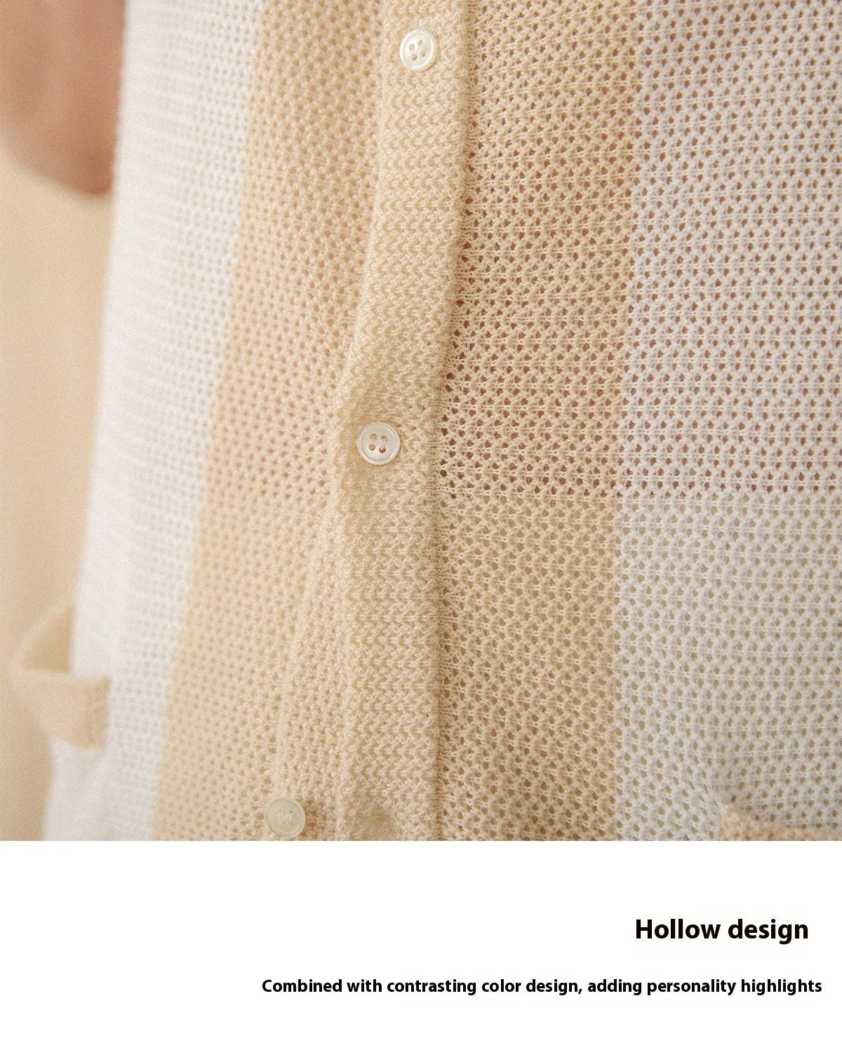 Beige women's short-sleeved lapel cardigan made from a thin cotton and linen knit fabric.
