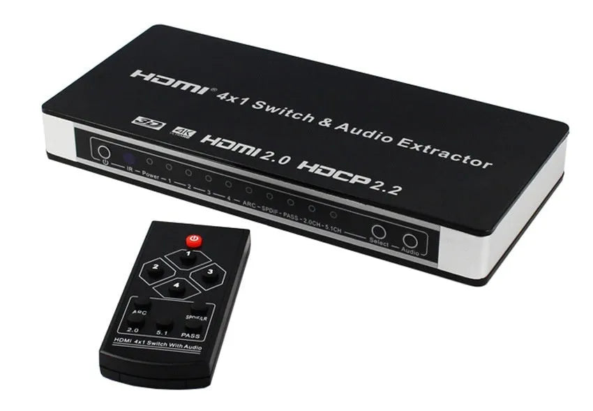 Black HDMI audio-video switch with 4 input ports and 1 output port, remote control included