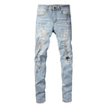Light blue elastic tight fit jeans for men with patchwork and cat whisker finish
