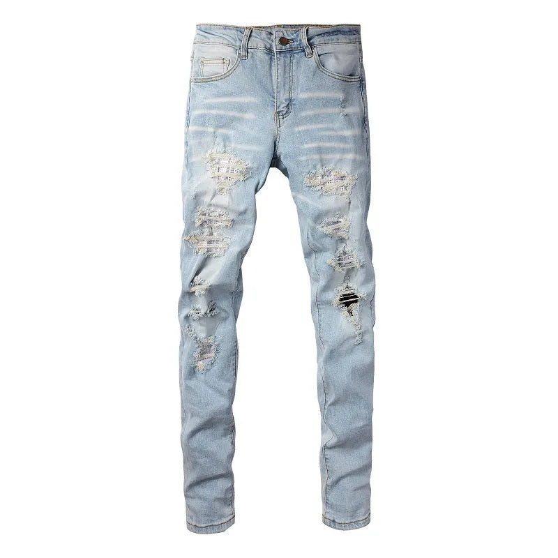 Light blue elastic tight fit jeans for men with patchwork and cat whisker finish