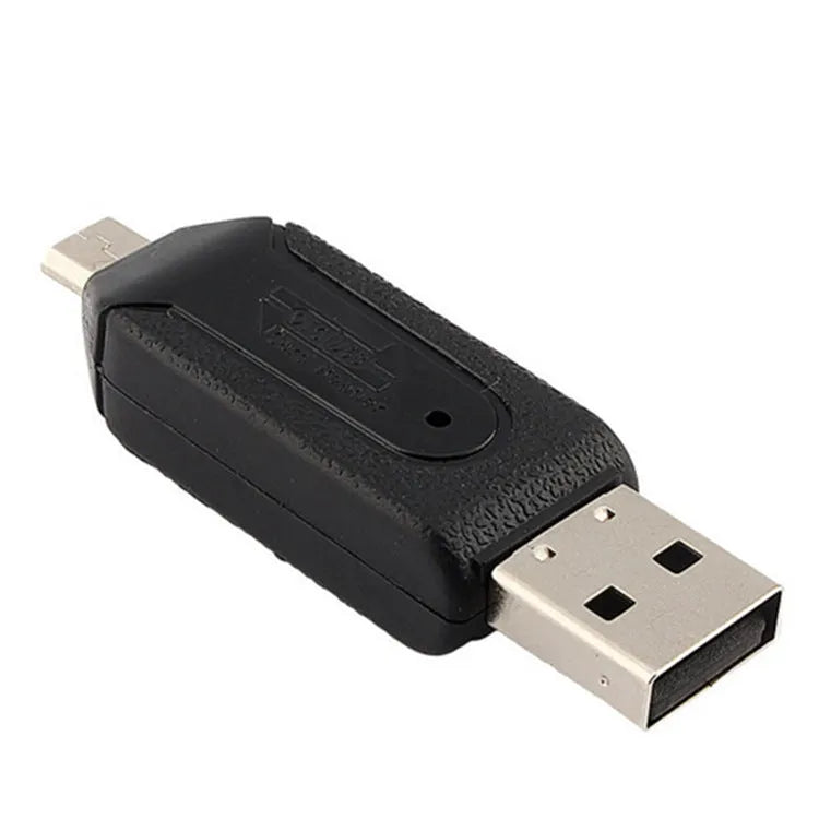 White OTG card reader showing both USB and micro USB connectors for phones and computers.