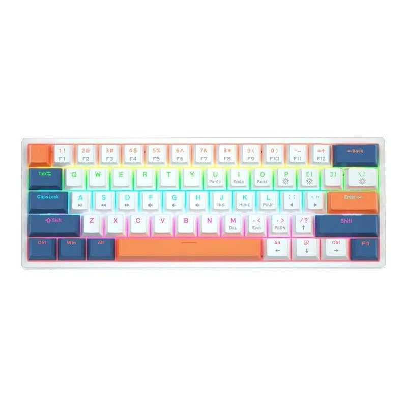 61-key bluish-black and white mechanical keyboard with hot-swap switches on desk