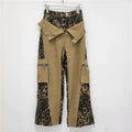 Dark khaki high waist jeans with leopard print and fake two-stitching tooling details