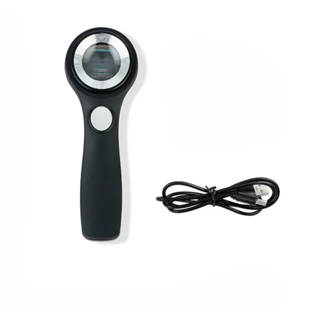 Black and silver jewellery tobacco alcohol appraisal magnifying glass with optical glass lens and USB-C cable
