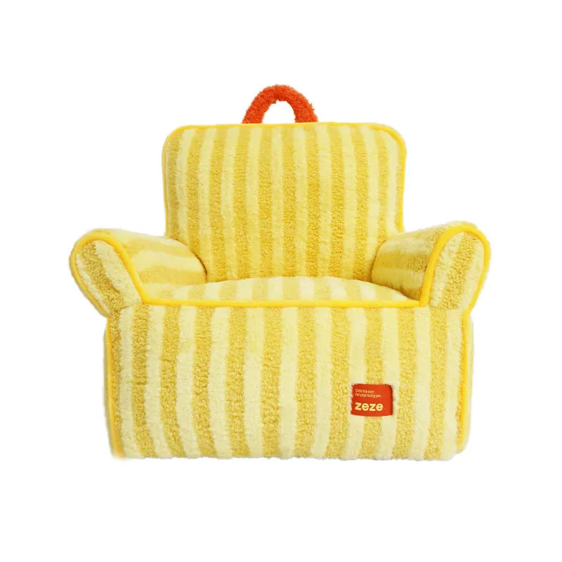 Striped orange plush dog bed with a removable cover for small to medium dogs.