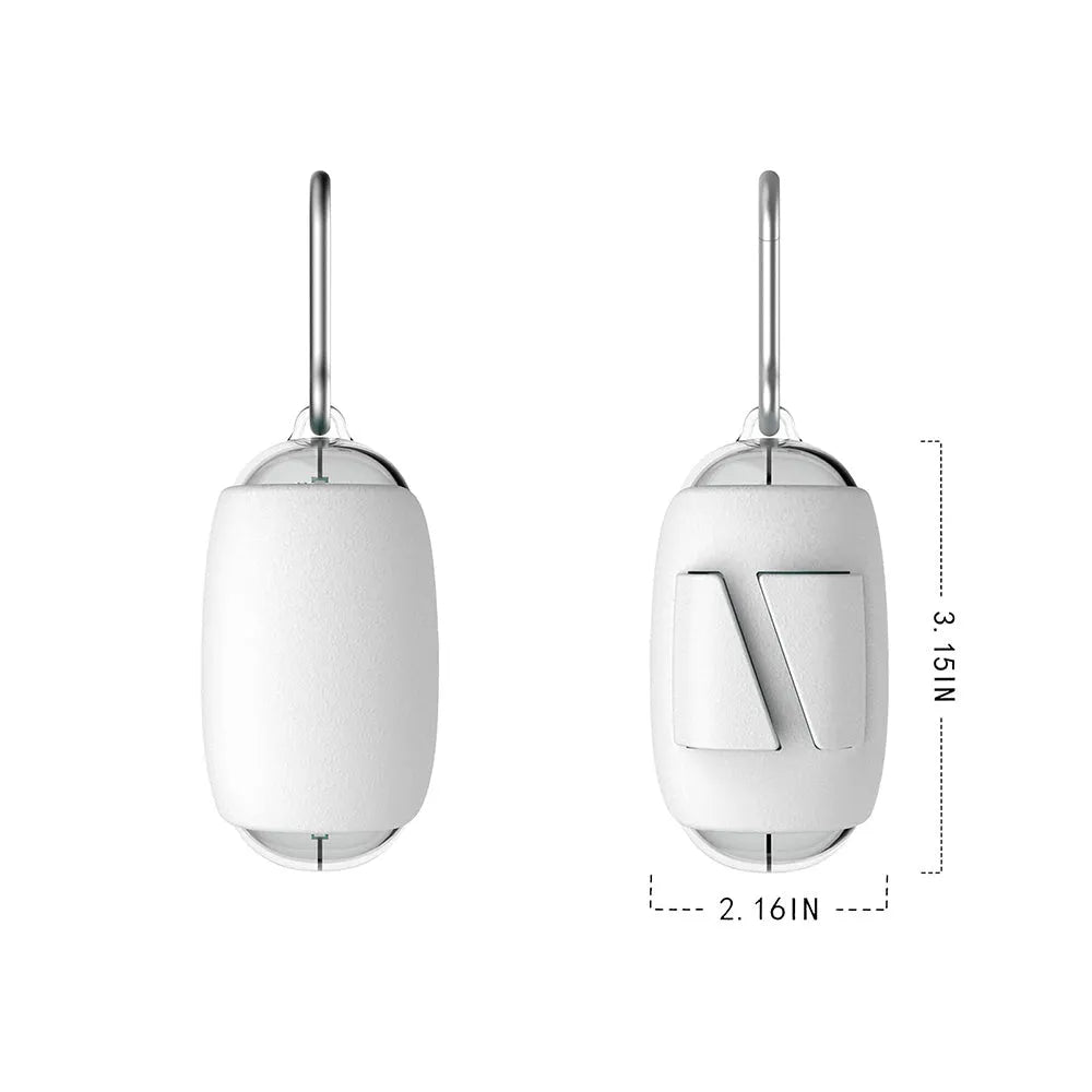 White and grey space capsule dog poop bag dispenser clipped to a leash with translucent ends showing bags inside