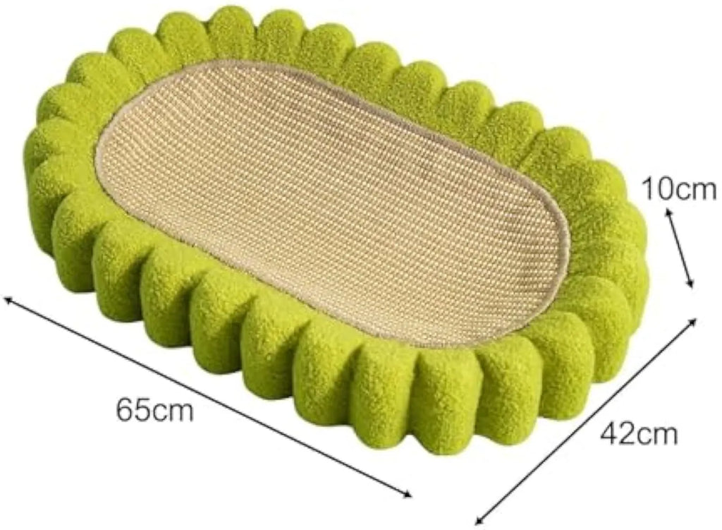 Green oval cat scratching pad and bed made from sisal material