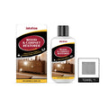 100ml wooden furniture scratch care agent bottle and white microfiber towel on a wooden table.