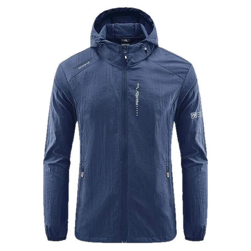 Men's light gray summer hooded jacket with thin nylon fabric and loose fit design