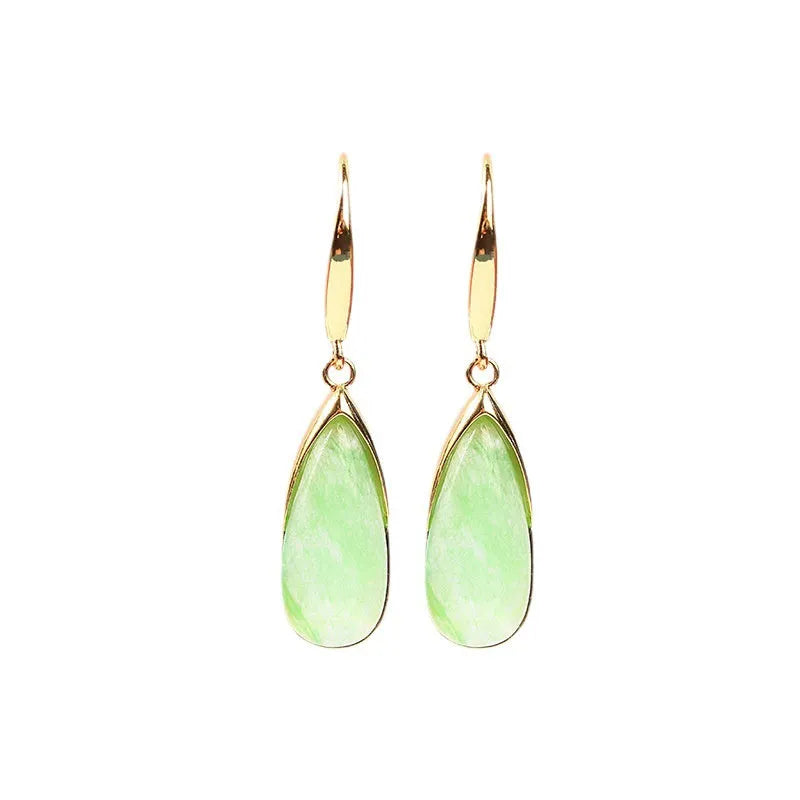 Chinese style geometric copper earrings with water droplet design in jade colour