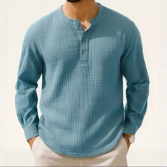 Long sleeve linen blend shirt with round neck and 3/4 sleeves in Army Green colour