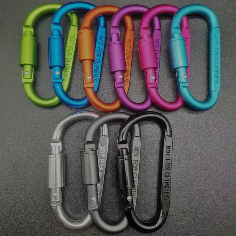 Aluminium D-type carabiner with lock in multiple colour options showing 8cm flat design