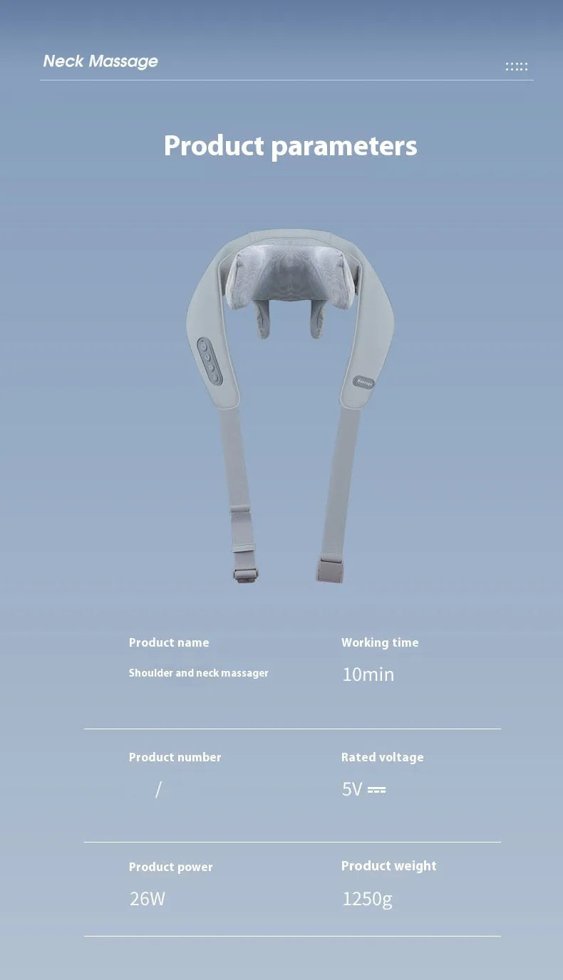 Gray USB-rechargeable neck and back massager with elastic fabric, shown with charging cable.