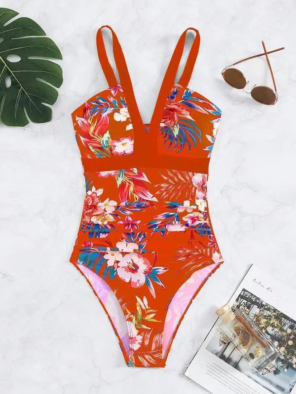 Women's floral backless one-piece swimsuit in multiple colours with high elasticity spandex construction
