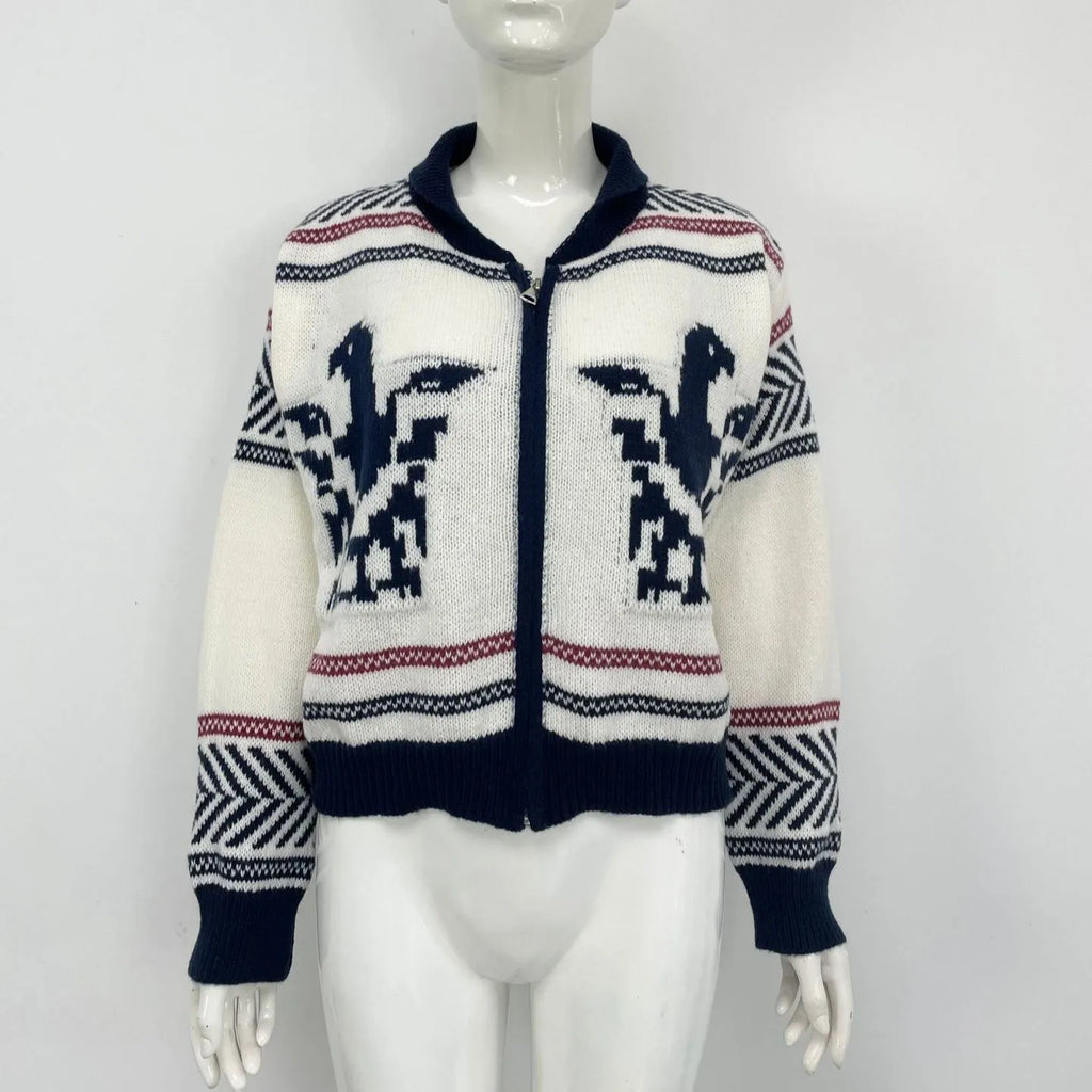 White women's zip-up cardigan with a dark contrast jacquard stripe pattern and a lapel collar.