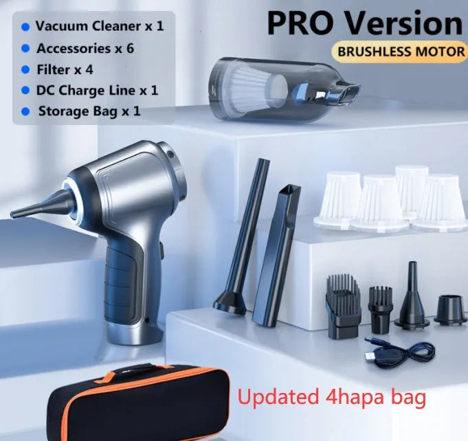 Handheld cordless vacuum cleaner unit for use in cars and homes, showing its portable design.