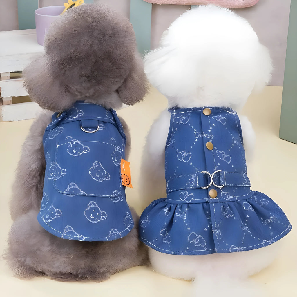 Small dog wearing denim princess dress with bracket skirt design in blue denim fabric