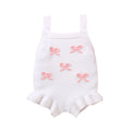 Baby sling-style wool blend romper with bow embroidery, in white or pink, sizes 0-3M to 12-18M
