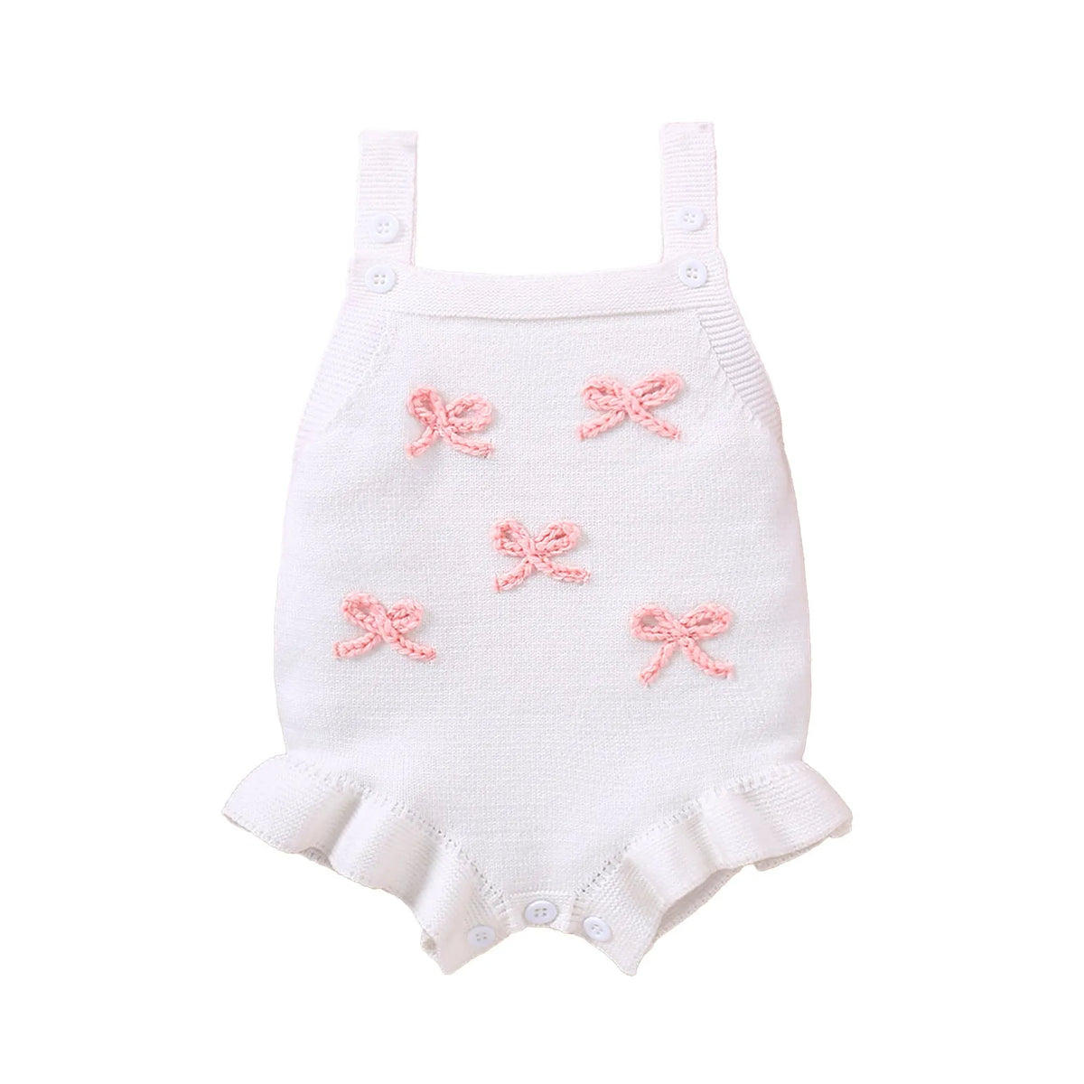 Baby sling-style wool blend romper with bow embroidery, in white or pink, sizes 0-3M to 12-18M