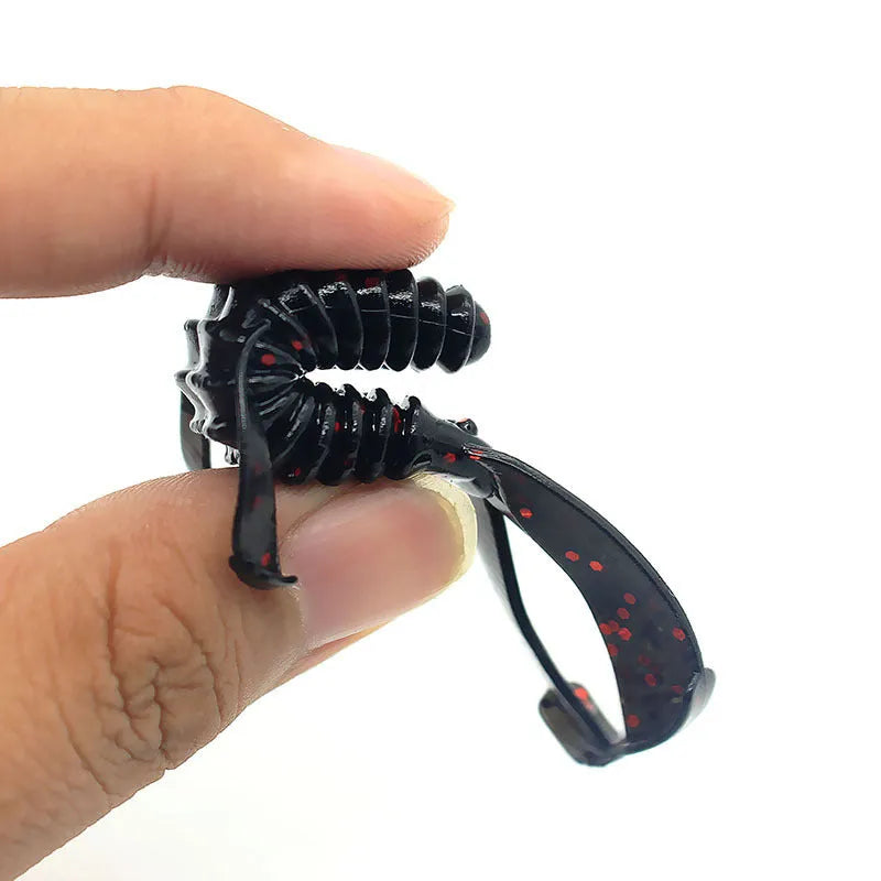 PVC soft plastic fishing lure in multiple colours showing detailed texture, 8cm and 12cm sizes displayed.