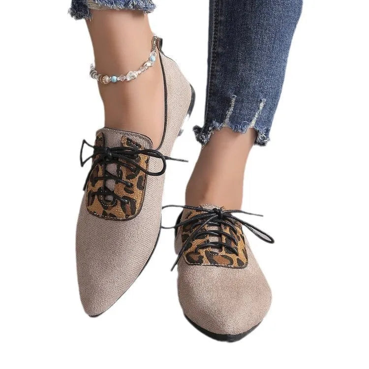 Beige leopard print pointed toe court shoes for women in plus sizes with artificial PU uppers and rubber soles