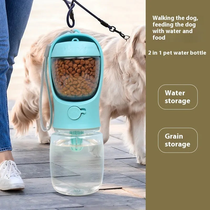 Blue portable two-in-one dog water cup showing bottle and attached drinking bowl