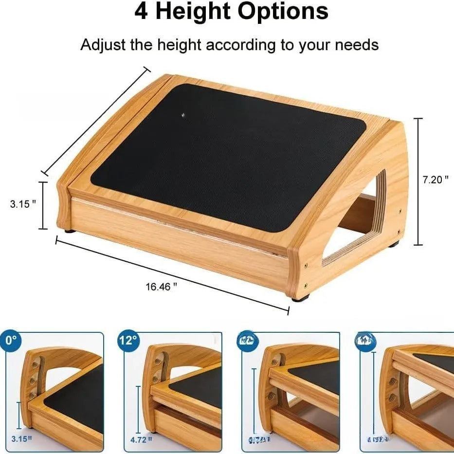 Wooden adjustable bamboo footstool in natural wood colour for office desk use.
