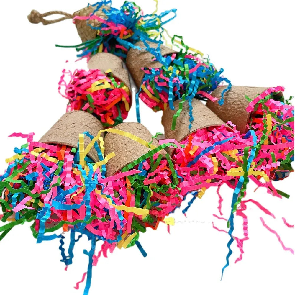 Wood tone palm weaving parrot gnawing toy shaped like a paper cup with 38cm hanging cord