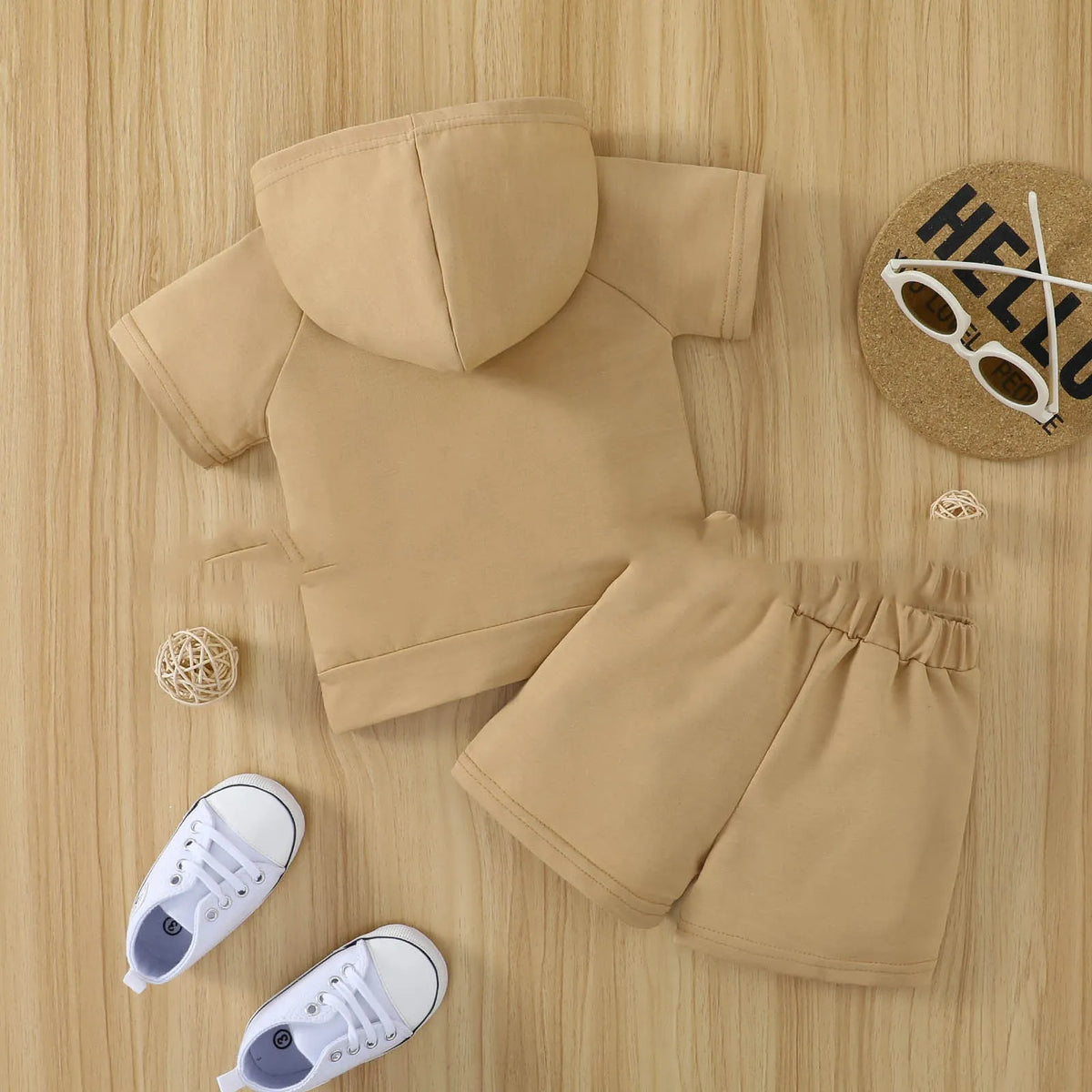 Children's cotton shirt and shorts set with letter print, black or khaki, sizes 70cm to 110cm