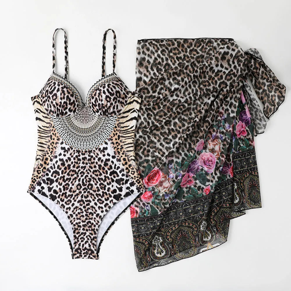 Women's leopard print one-piece swimsuit with backless design and long mesh cover-up dress set