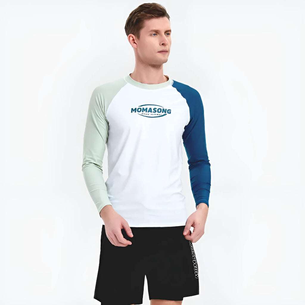 Men's white long sleeve swimsuit with matching trunks for sun protection during swimming and surfing