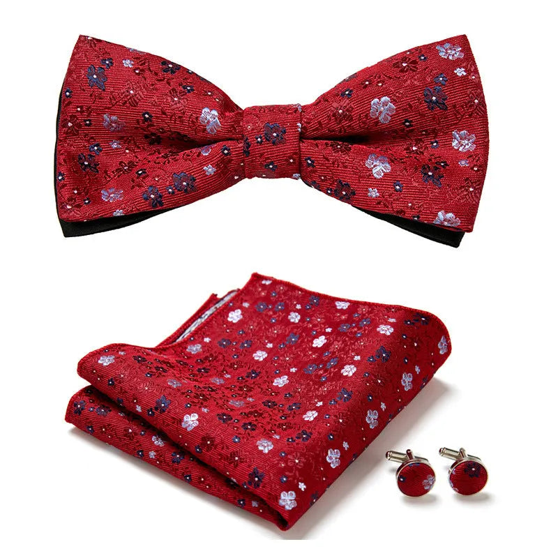 Floral Bow Tie Set of Three Pieces Polyester Yarn Hand-Sewn 12cm by 6cm Bow Tie with Matching Pocket Square 25x25cm and Cufflinks 1.5cm for Men's Formal Wedding and Party Accessories Multistyle Options