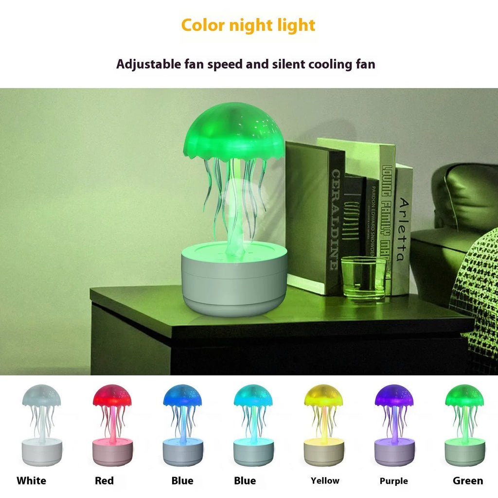 White jellyfish-shaped humidifier and essential oil diffuser with coloured LED lights and mist output.