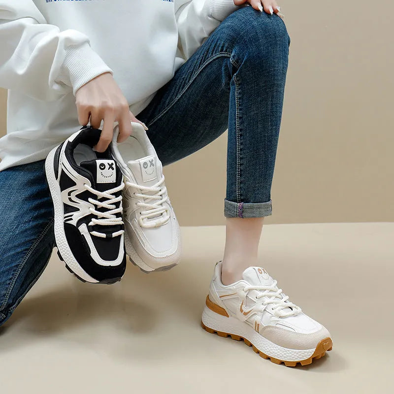 Women's black flat platform casual shoes with round toe and front lace-up, made from artificial PU with cotton lining.