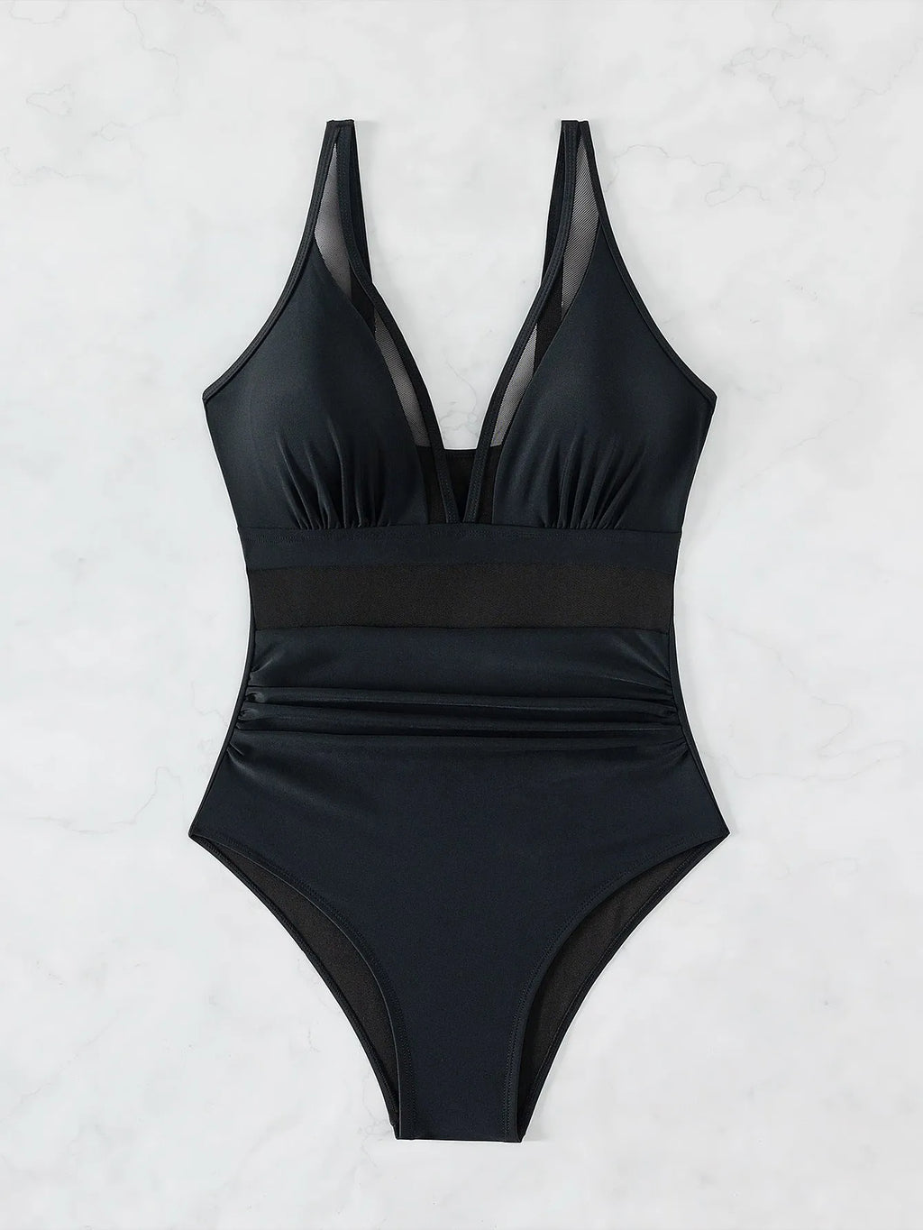 Black women's one-piece swimsuit with halter neck and briefs-style bottom made of nylon.