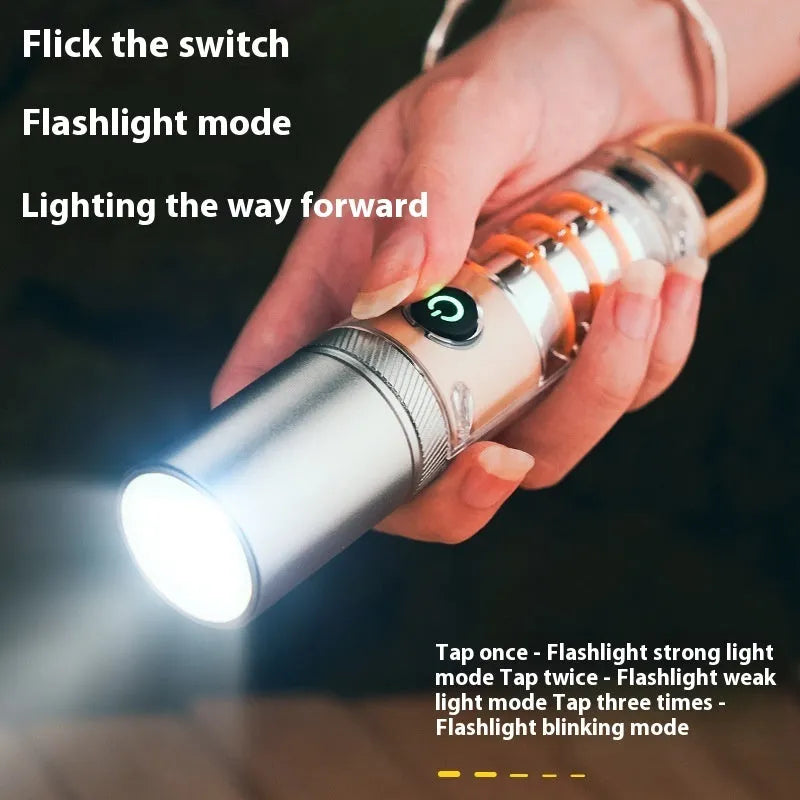Orange and beige multifunctional flashlight with hook attachment and optical zoom lens