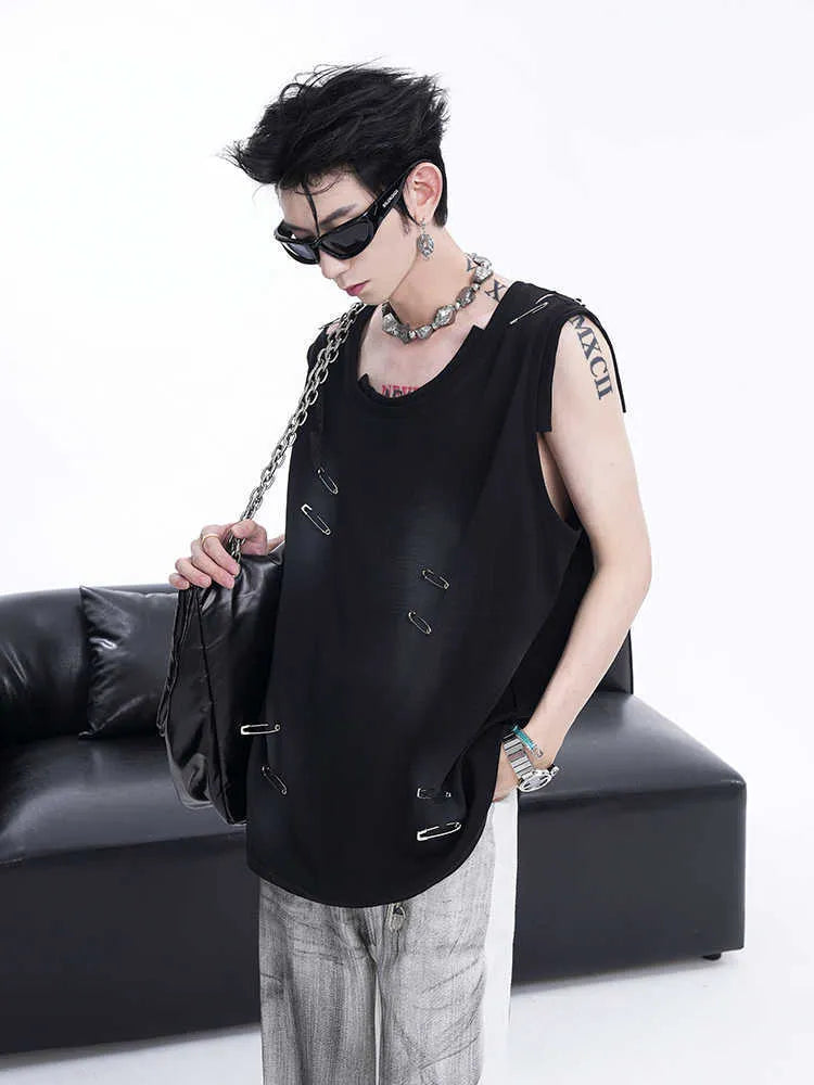 Men's black ripped waistcoat vest with irregular cutting piece design and sleeveless round neck