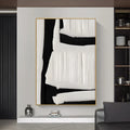 Large abstract handmade oil painting on canvas, black white beige textured wall art, vertical orientation, unframed