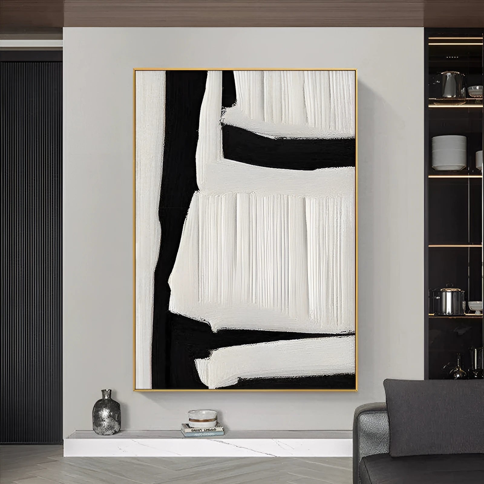 Large abstract handmade oil painting on canvas, black white beige textured wall art, vertical orientation, unframed