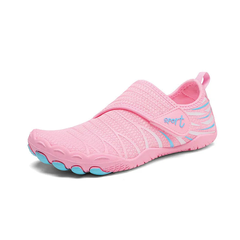 Pair of men and women outdoor wading shoes with mesh upper and rubber sole in black
