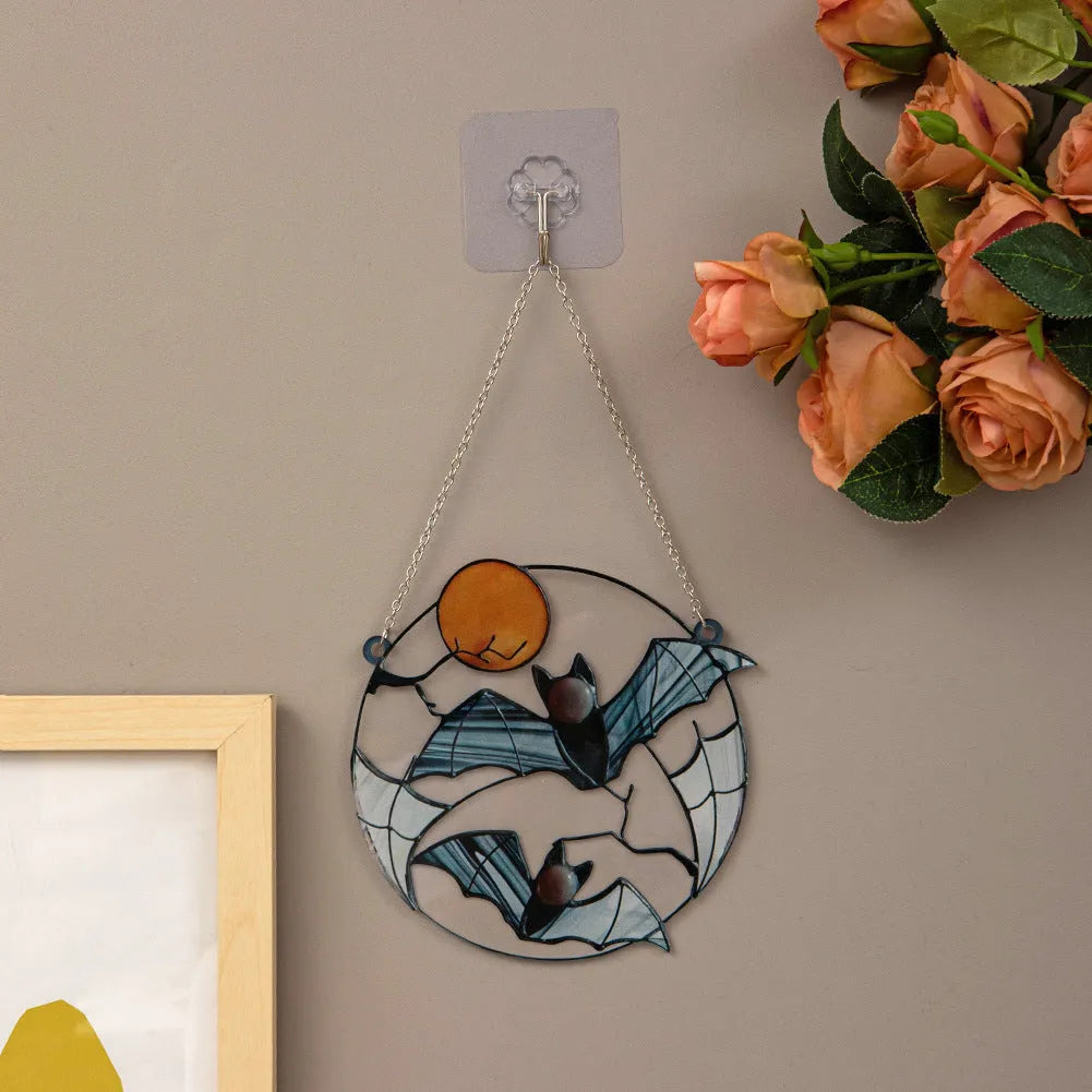 Moon bat decorative acrylic pendant with engraved and printed bat design on clear background, 15.3cm x 15cm