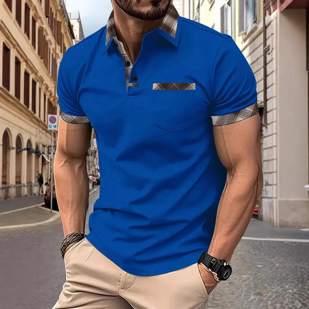 Man wearing a men's short sleeve plaid colourblock T-shirt in a solid colour.