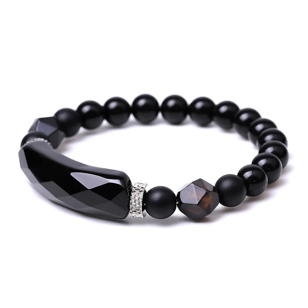 Handmade diamond-cut geometric agate bracelet with faceted beads and fan-shaped design elements