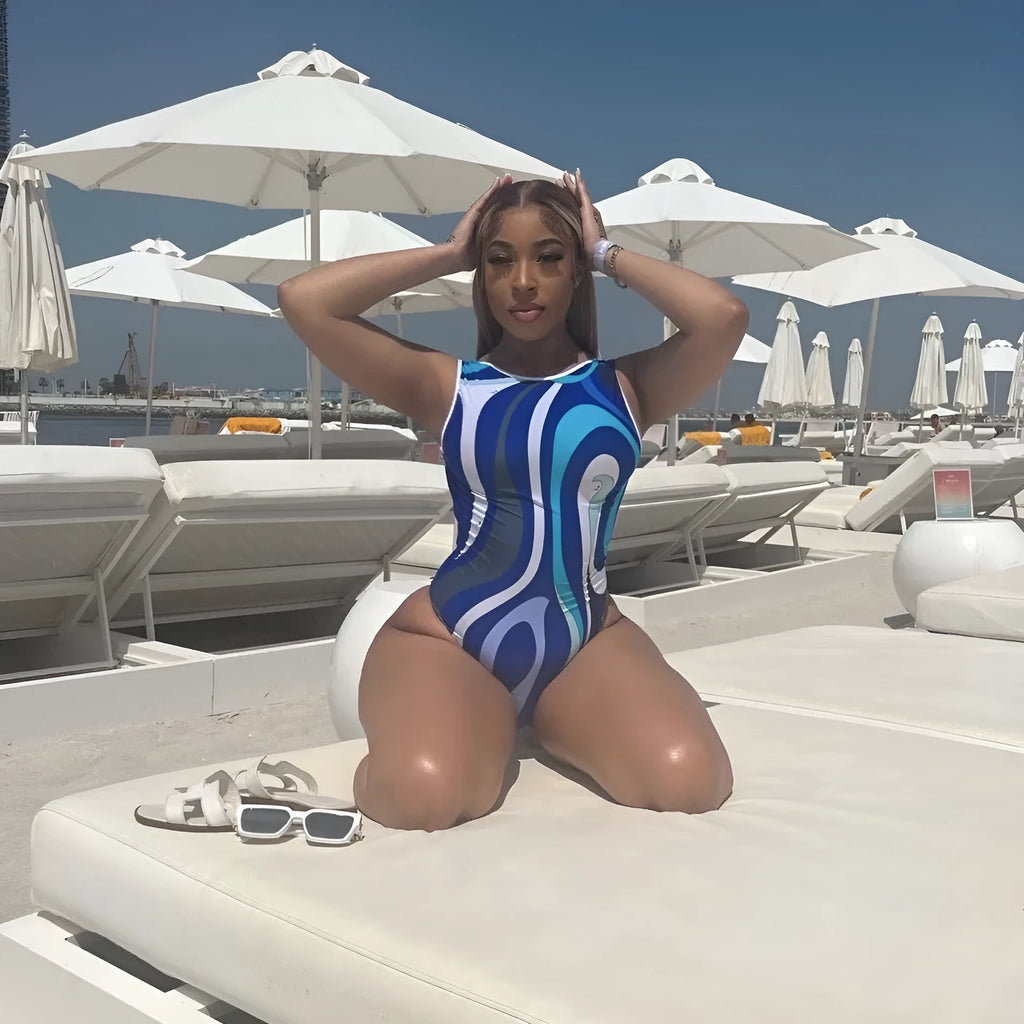 Women's striped polyester bikini set with square scarf in blue, front view, for swimming and wading