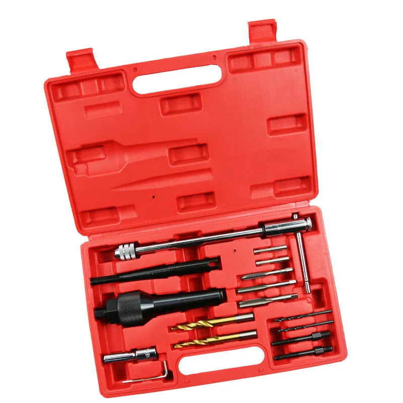 16-piece steel glow plug disassembly tool set with red tools for diesel engine repair
