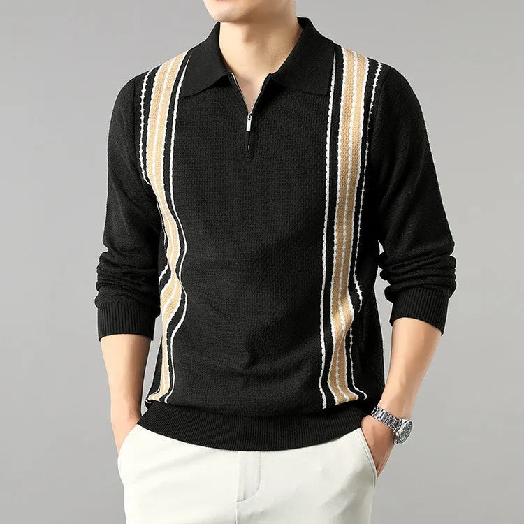 Men's half-zip long sleeve polo sweater in camel yellow with striped colour block pattern and turn-down collar.